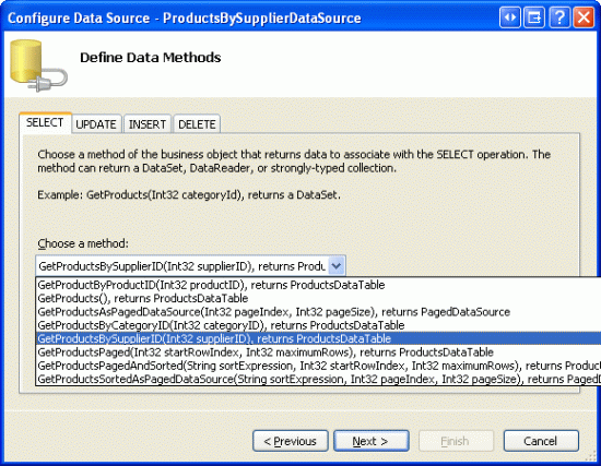 Konfigurieren der ObjectDataSource für die Verwendung der GetProductsBySupplierID(supplierID)-Methode