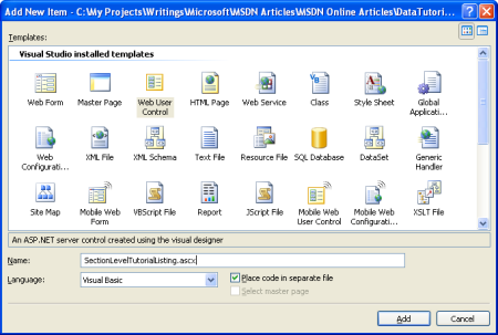 Hinzufügen eines neuen Webbenutzersteuerelements zum UserControls-Ordner