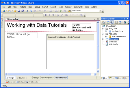 Die Masterseite, wenn sie in der Entwurfsansicht betrachtet wird