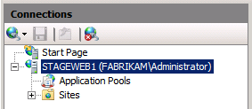 Erweitern Sie im IIS-Manager im Bereich Verbindungen den Serverknoten (z. B. STAGEWEB1).