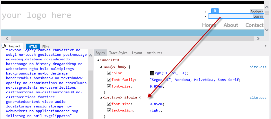 Screenshot: Seitenprüfung Fenster im Überprüfungsmodus und Auswählen der Links Registrieren und Anmelden, um auf Styles.css-Code zuzugreifen.
