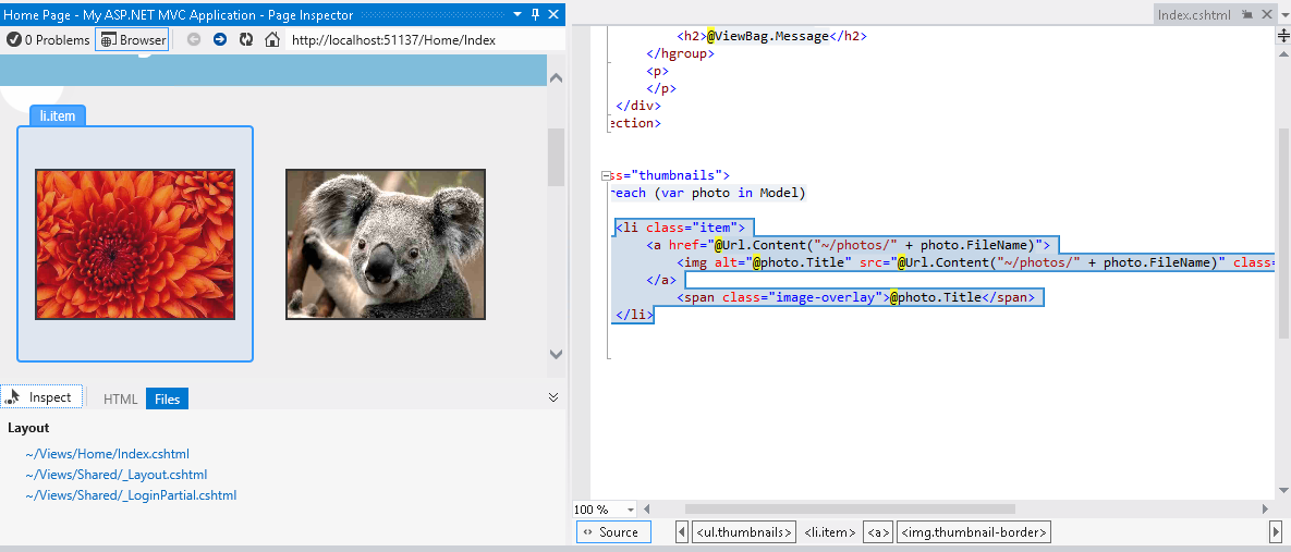 Screenshot des fensters Seitenprüfung und des Visual Studio-Editors mit dem angezeigten Elementtyp und hervorgehobenem entsprechenden Quellmarkup.