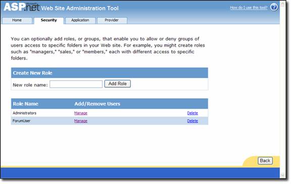 Screenshot: A S P dot N E T Web Site Administration Tool mit der Schaltfläche Rolle hinzufügen
