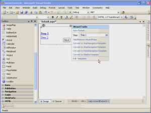 Screenshot: Exemplarische Vorgehensweise des Assistentensteuerelements Der Bildschirm Serversteuerelemente mit einem Microsoft Visual Studio-Fenster wird angezeigt.