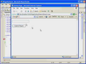 Screenshot einer exemplarischen Video-Vorgehensweise eines seitenübergreifenden Postbacks, das eine Browserseite im Internet Explorer zeigt, auf der die Option Bericht übermitteln angezeigt wird.