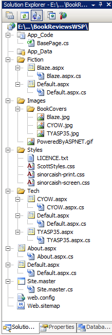 Die Projektmappen-Explorer listet die Dateien auf, aus denen das Websiteprojekt besteht.
