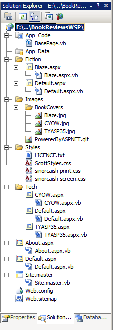 Die Projektmappen-Explorer listet die Dateien auf, aus denen das Websiteprojekt besteht.