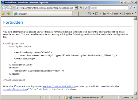 Screenshot: Remotebesucher können die Fehlerprotokollwebseite nicht anzeigen.