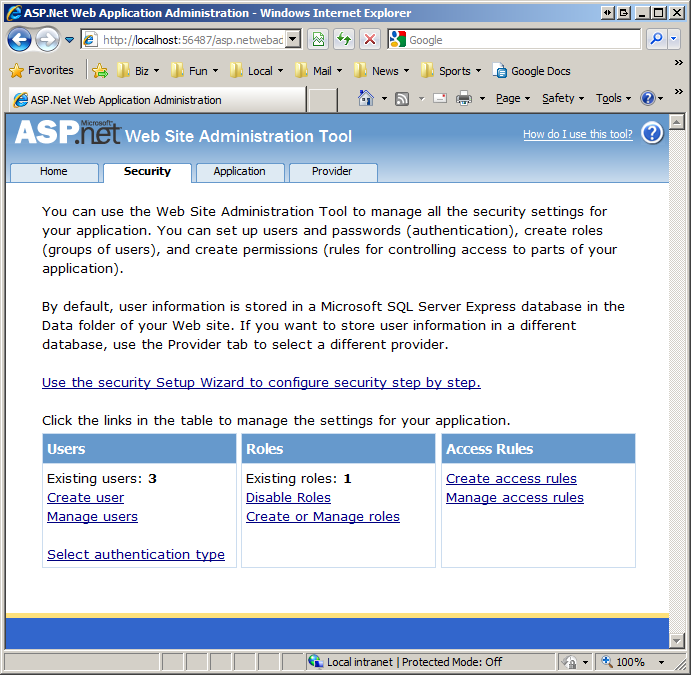 Screenshot: A S P . N E T Website-Verwaltungstool zum Erstellen und Verwalten von Benutzern, Rollen und Zugriffsregeln.