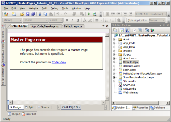 Visual Studio verwendet das masterPageFile-Attribut der <span class=