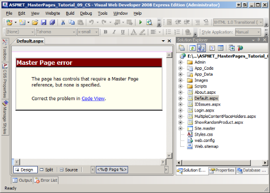 Visual Studio Verwendet das masterPageFile-Attribut der <span class=