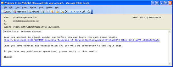 Der neue Benutzer erhält eine Email mit einem Link zur Überprüfungs-URL.