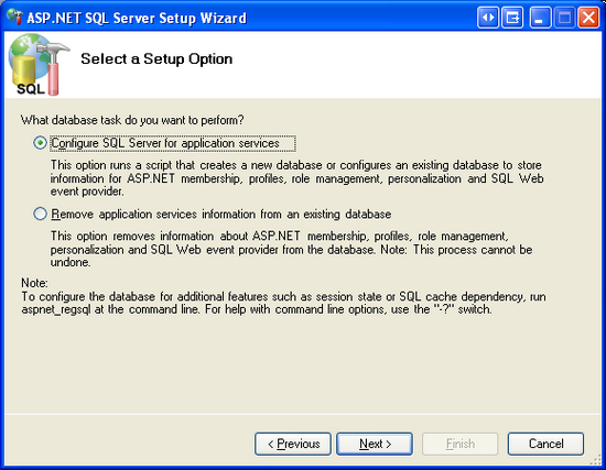 Wählen Sie die Option SQL Server für Application Services konfigurieren aus.