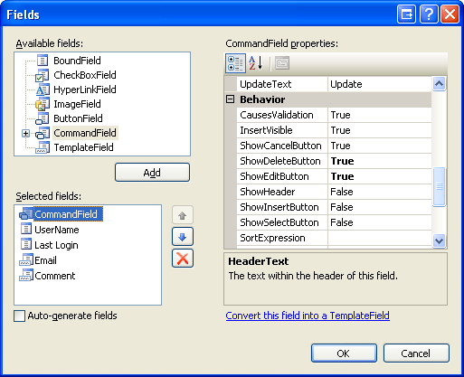 Die Felder der GridView können über das Dialogfeld Felder konfiguriert werden.