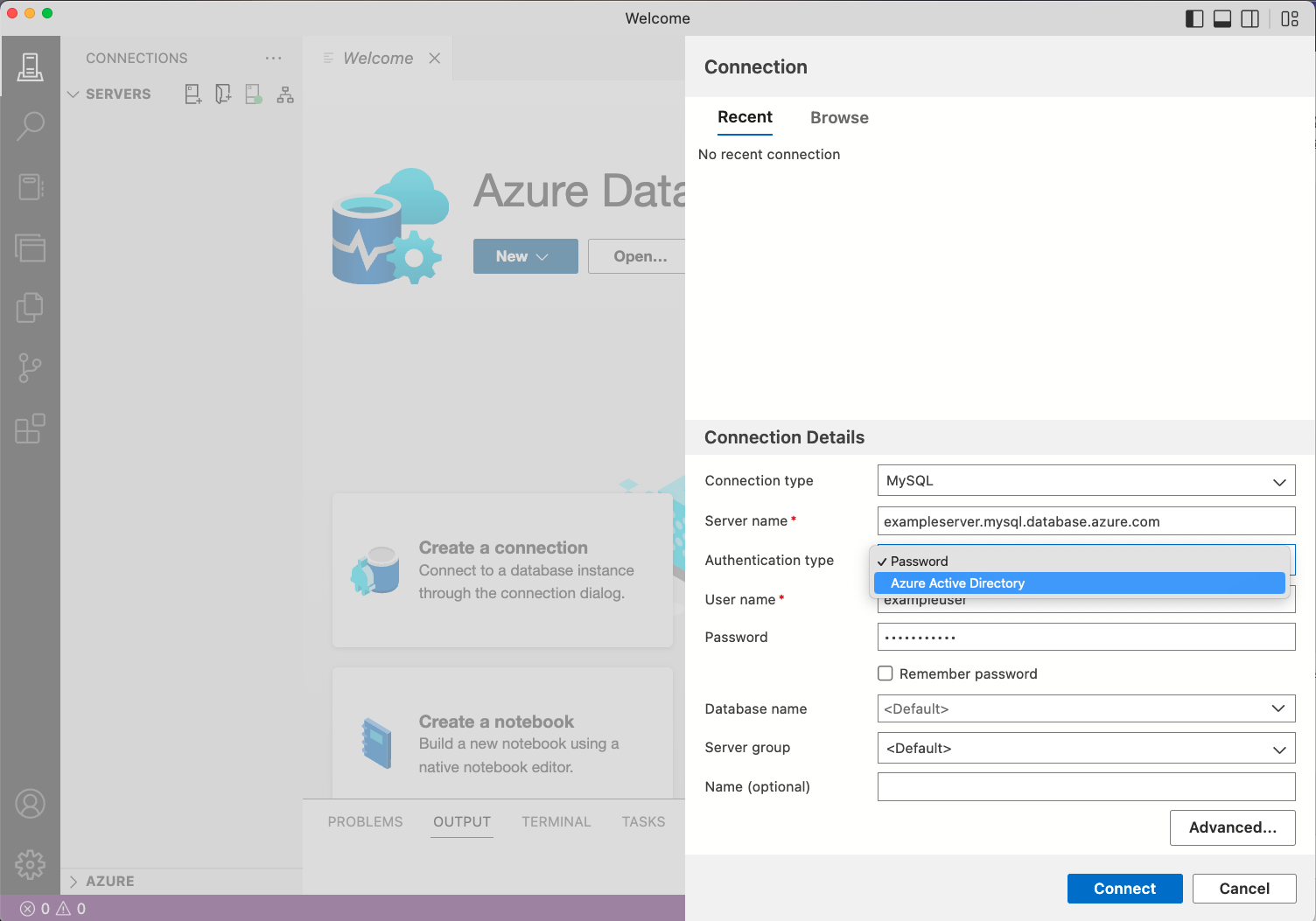 Screenshot of new connection screen to connect to MySQL server.