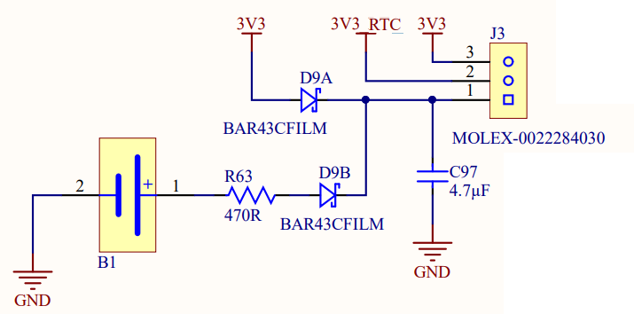 MediaTek-empfohlene RTC-Batterieschaltung von MT3620 Hardware Design Guide 