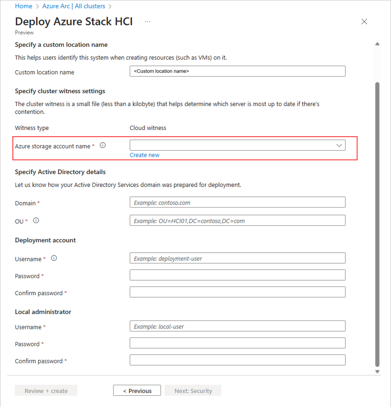 Screenshot: Registerkarte „Verwaltung“ mit dem Speicherkonto für den Clusterzeugen für die Bereitstellung über das Azure-Portal