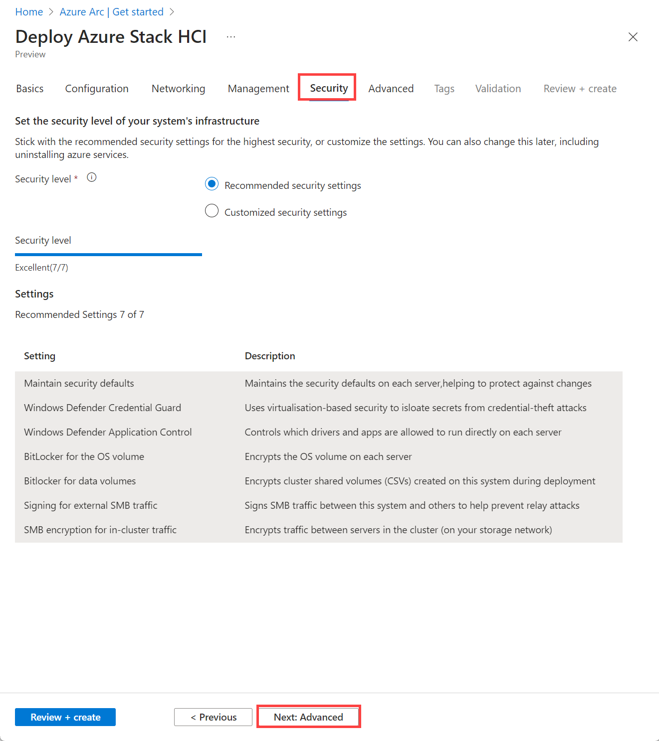 Screenshot: Registerkarte „Sicherheit“ bei der Bereitstellung über das Azure-Portal
