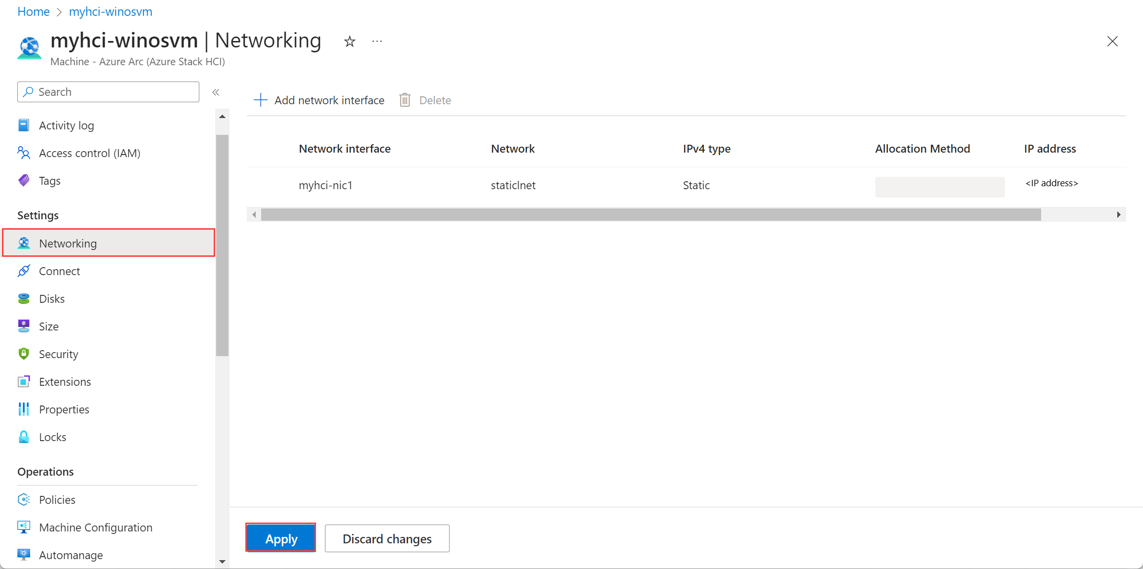 Screenshot der Schaltfläche „Anwenden“ im Bereich „Netzwerk“ für einen virtuellen Computer.