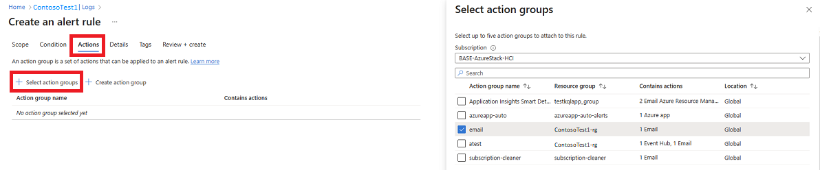 Screenshot der Aktionsgruppenaktionsoptionen.