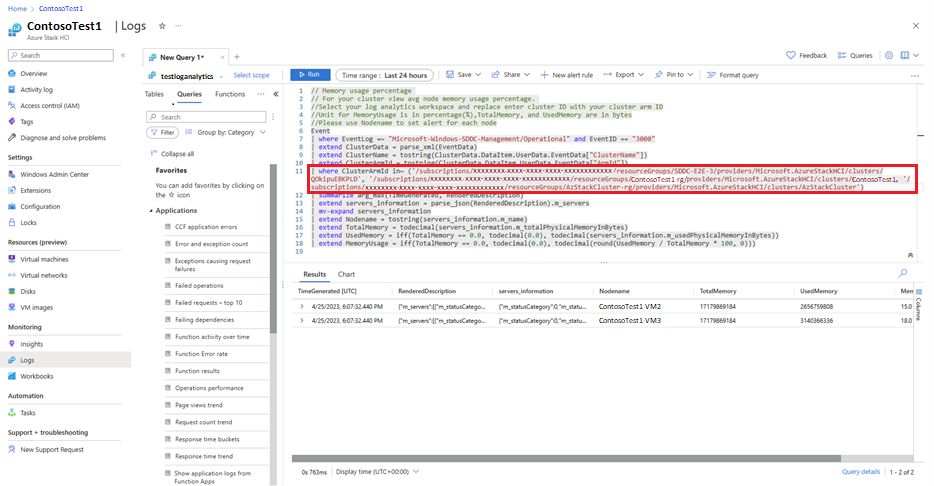 Screenshot einer Abfrage zum Anzeigen von Protokollen für mehrere Cluster
