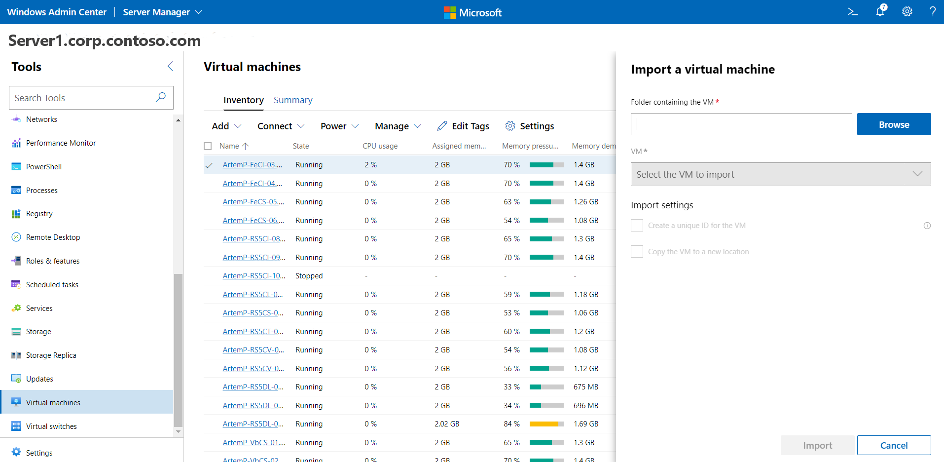 Bildschirm zum Importieren von VMs