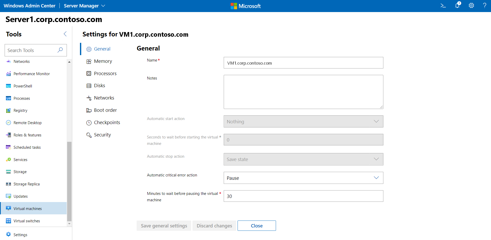 Bildschirm mit allgemeinen Einstellungen für VMs