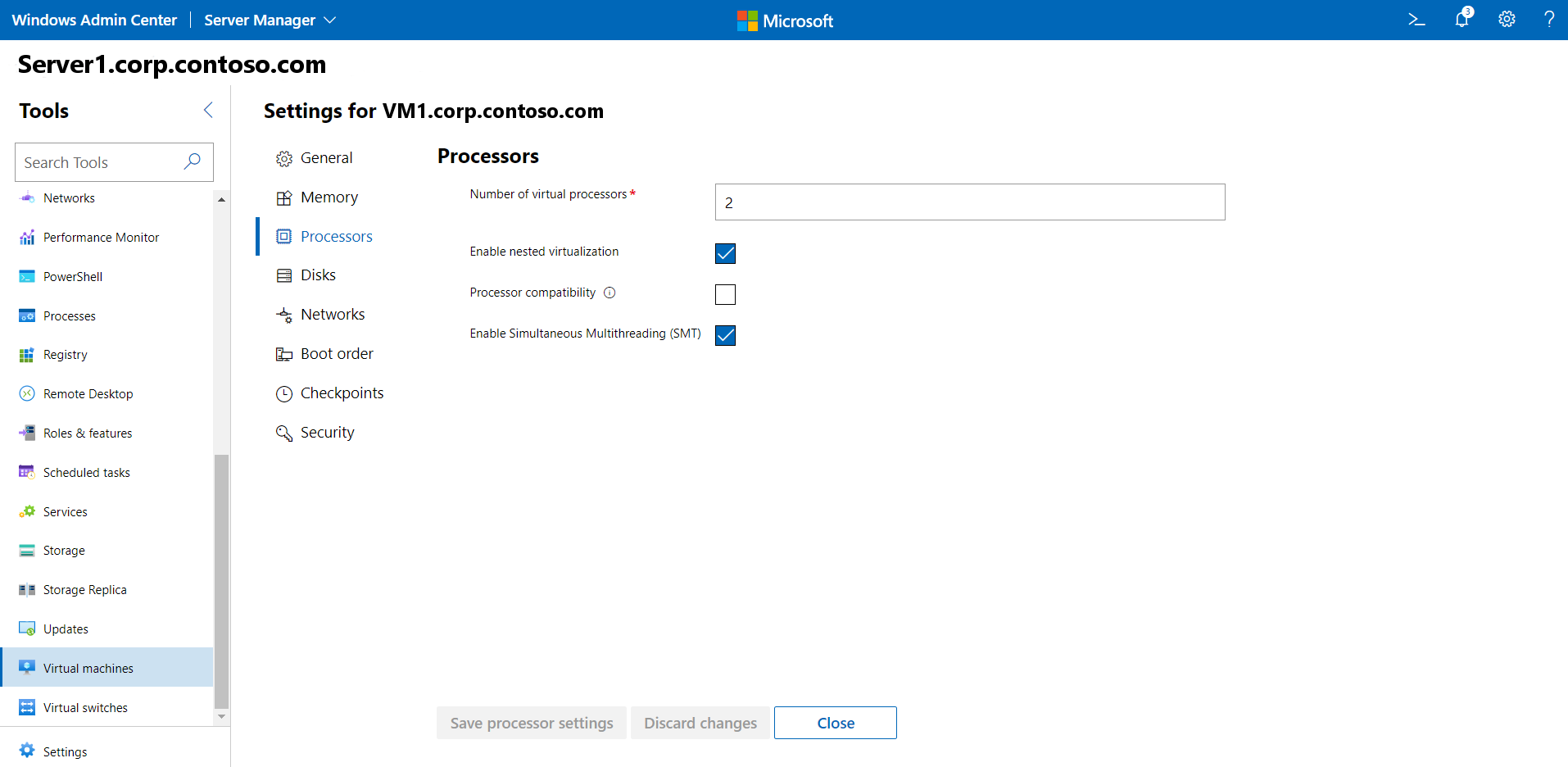 Bildschirm zum Ändern von Prozessoreinstellungen für VMs