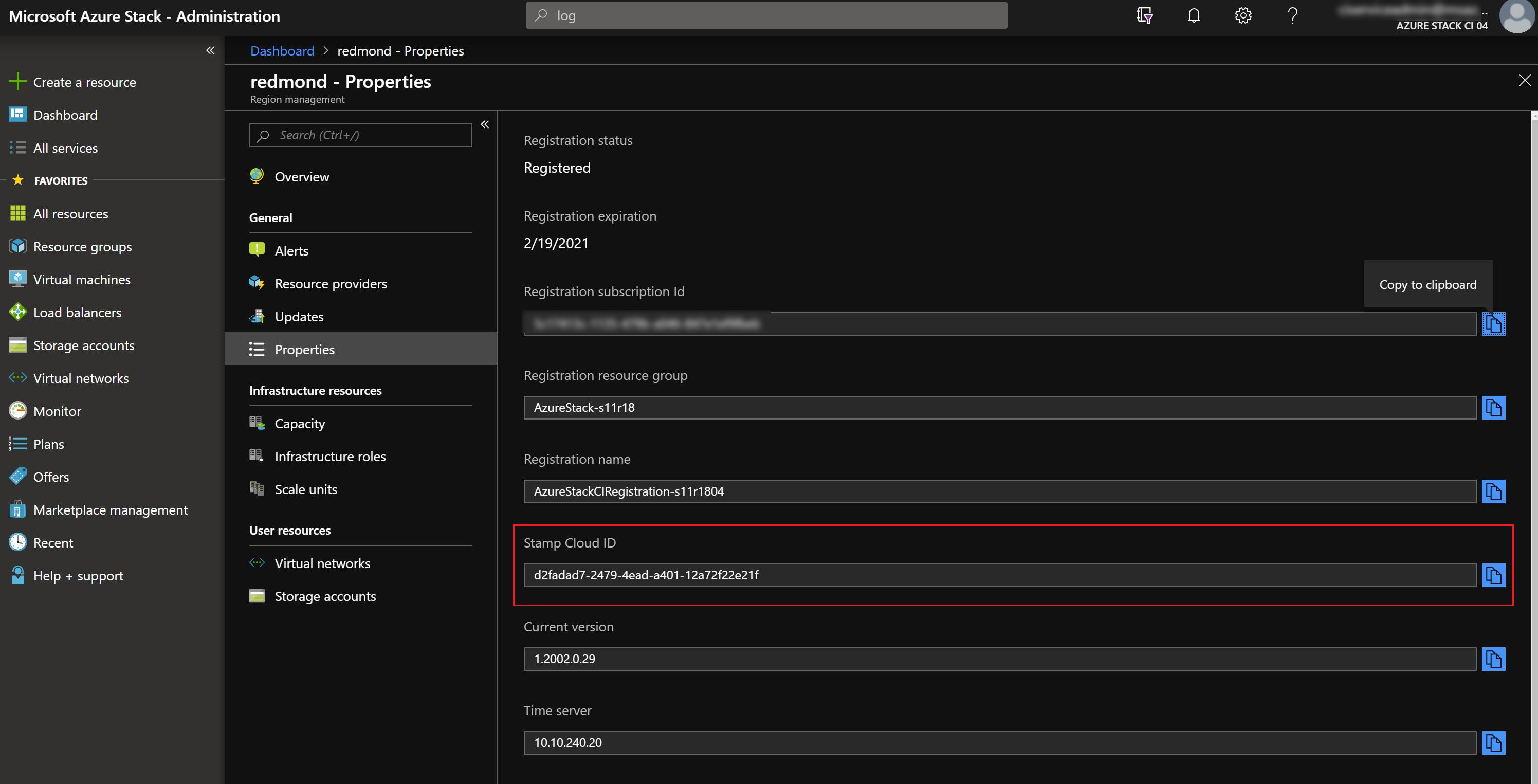 Screenshot der Regionseigenschaften mit Cloud-ID des Stempels