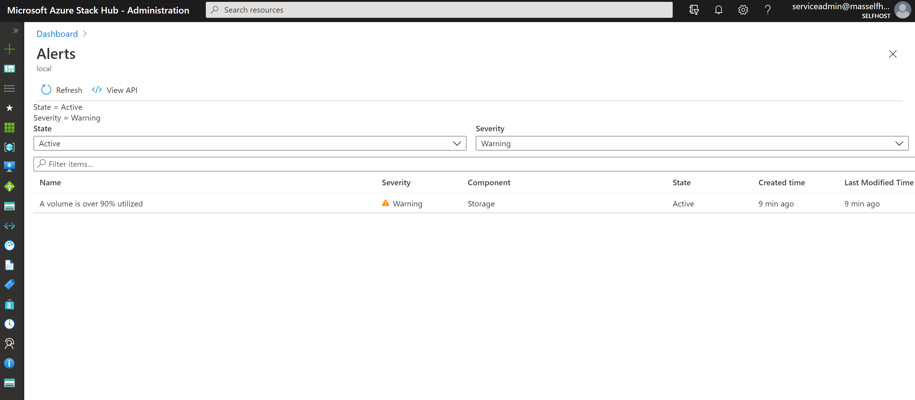 Beispiel: Screenshot der Warnung im Azure Stack Hub-Administratorportal