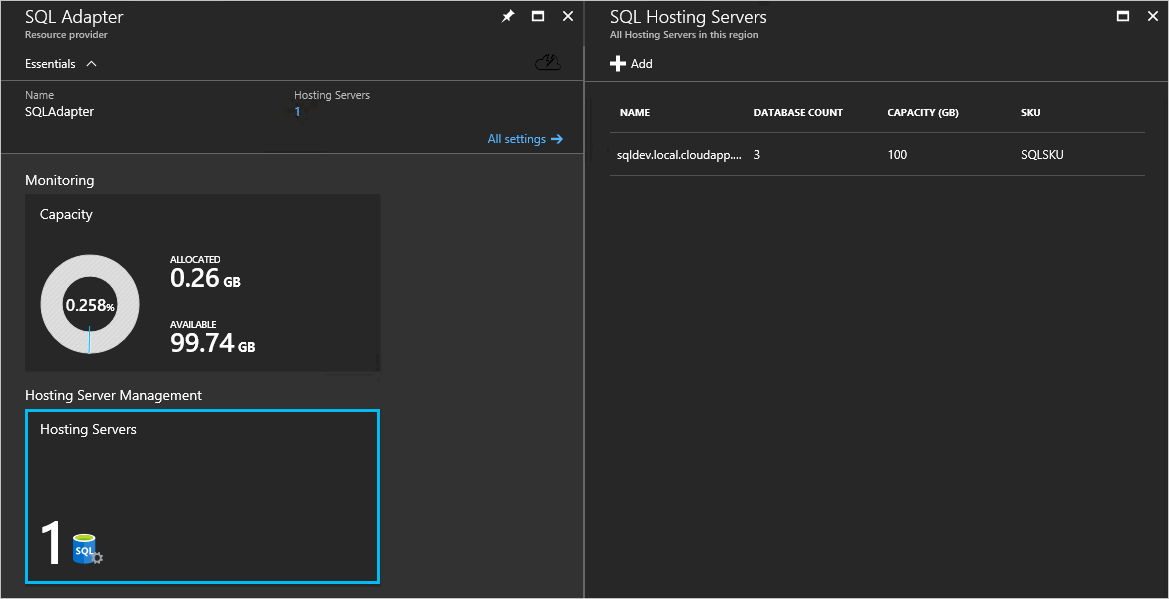 Dashboard des SQL-Adapters im Azure&nbsp;Stack Hub-Administratorportal