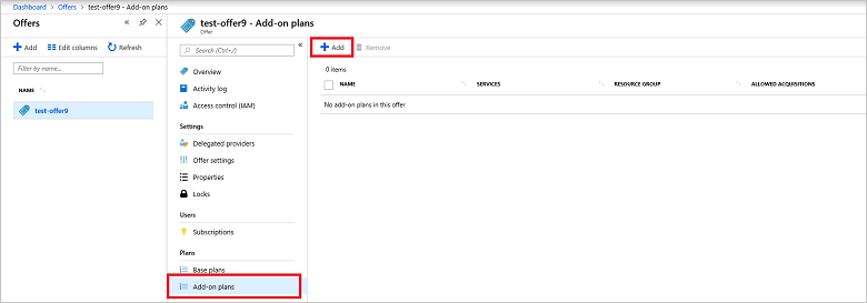 Der Screenshot zeigt, wie Add-On-Pläne im Azure Stack-Administratorportal ausgewählt werden.