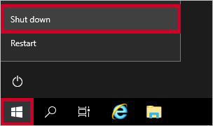 Screenshot, in dem die Windows-Schaltfläche angezeigt wird und „Herunterfahren“ ausgewählt ist
