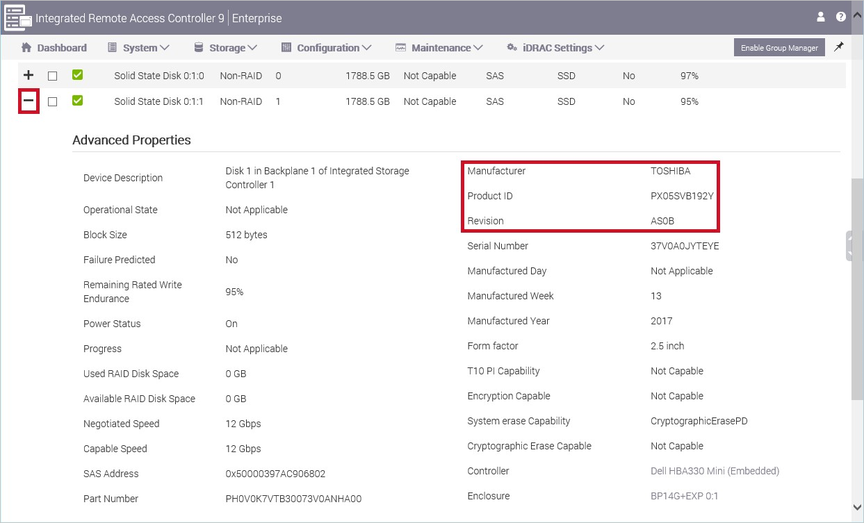 Screenshot der iDRAC-Seite „Advanced Properties“ (Erweiterte Eigenschaften) mit hervorgehobenen Optionen „Manufacturer“ (Hersteller), „Product ID“ (Produkt-ID) und „Revision“