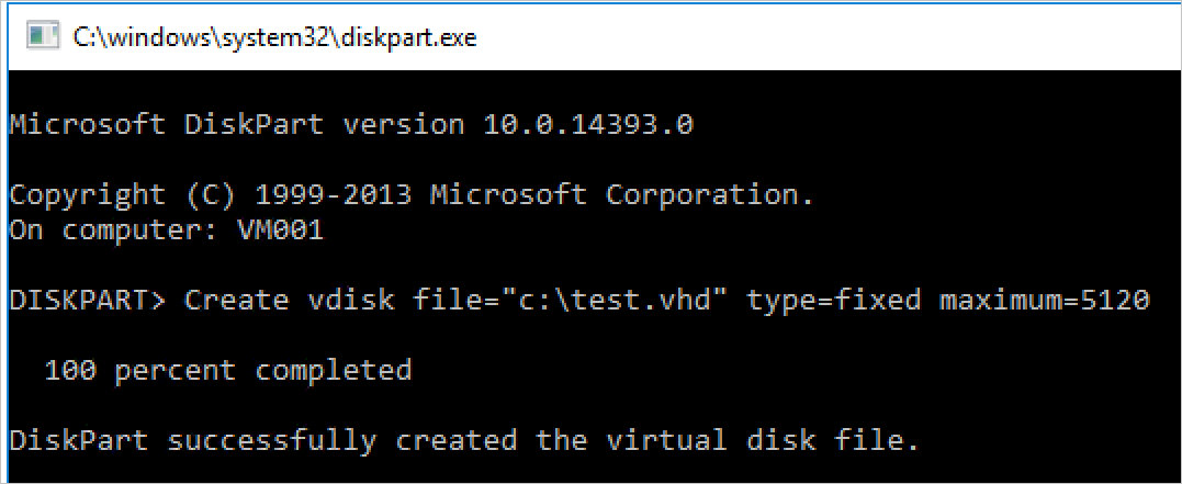Das CMD-Fenster zeigt an, dass der angegebene Befehl an DiskPart ausgegeben wurde, das ihn erfolgreich abgeschlossen und die virtuelle Datenträgerdatei erstellt hat.
