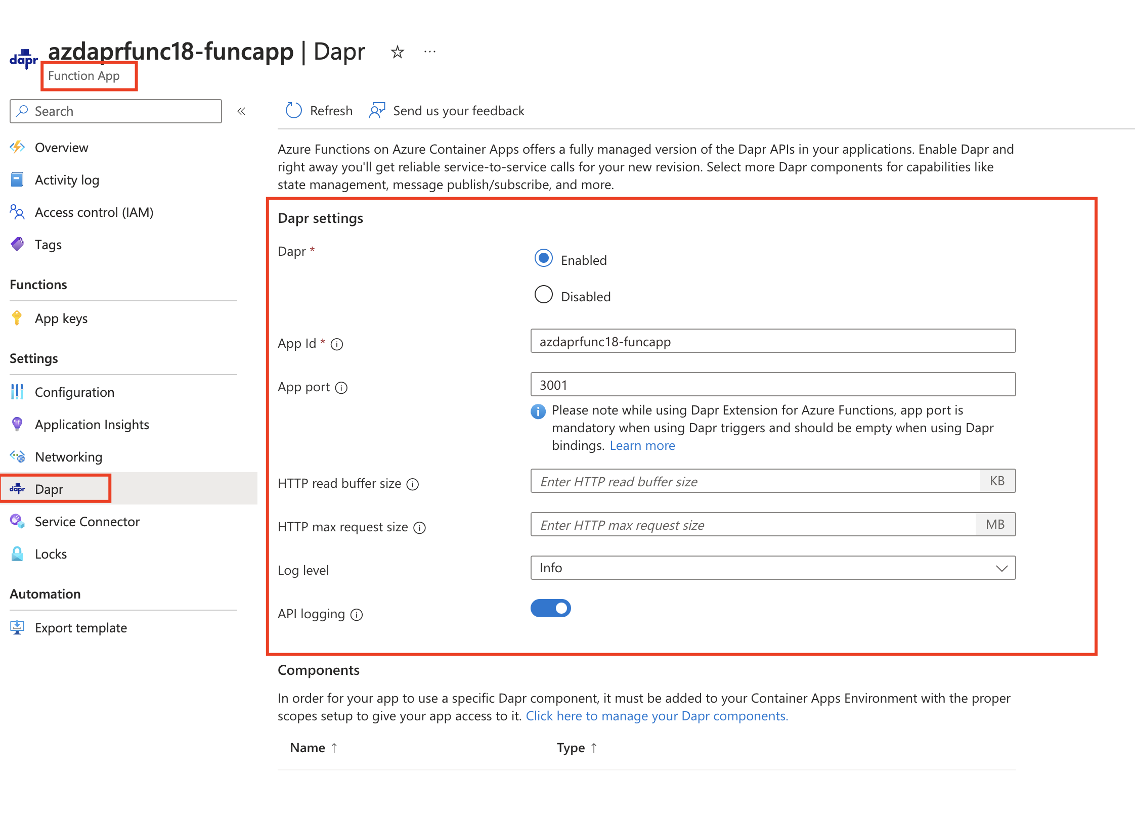 Screenshot, der zeigt, wo sie die Dapr-Aktivierung für eine Funktions-App im Azure-Portal finden.