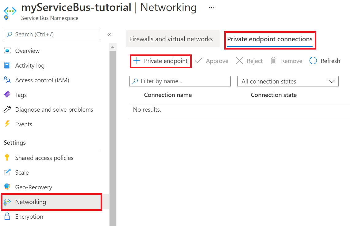 Screenshot zum Zugriff auf private Endpunkte für den Service Bus.
