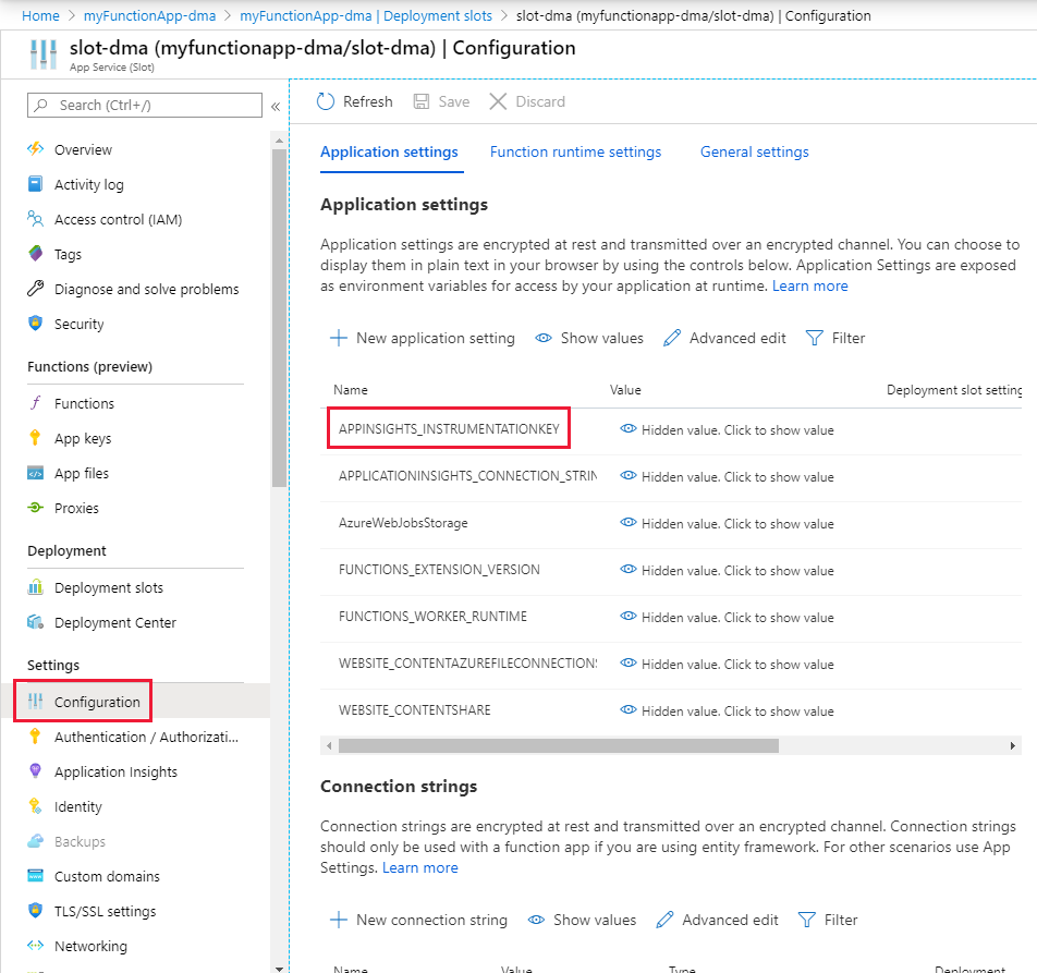 Screenshot zeigt, wo die Anwendungseinstellung für einen Steckplatz im Azure-Portal konfiguriert werden soll.