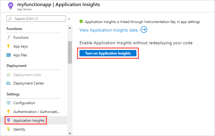 Öffnen Sie Application Insights aus der Überblickseite der Funktions-App