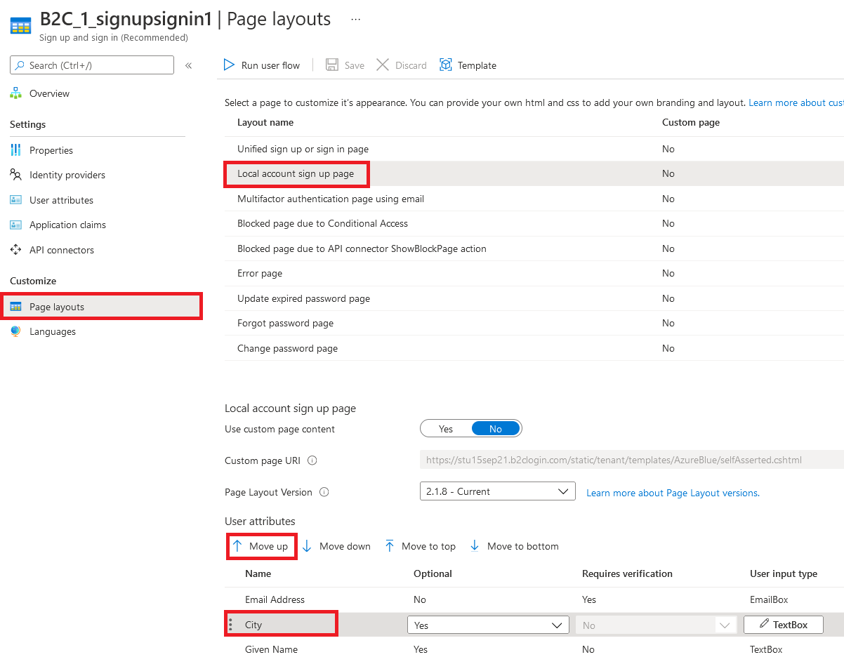 Template selection drop-down in user flow page of Azure portal.