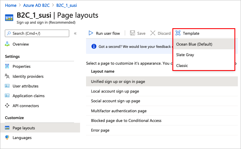 Template selection drop-down in user flow page of Azure portal