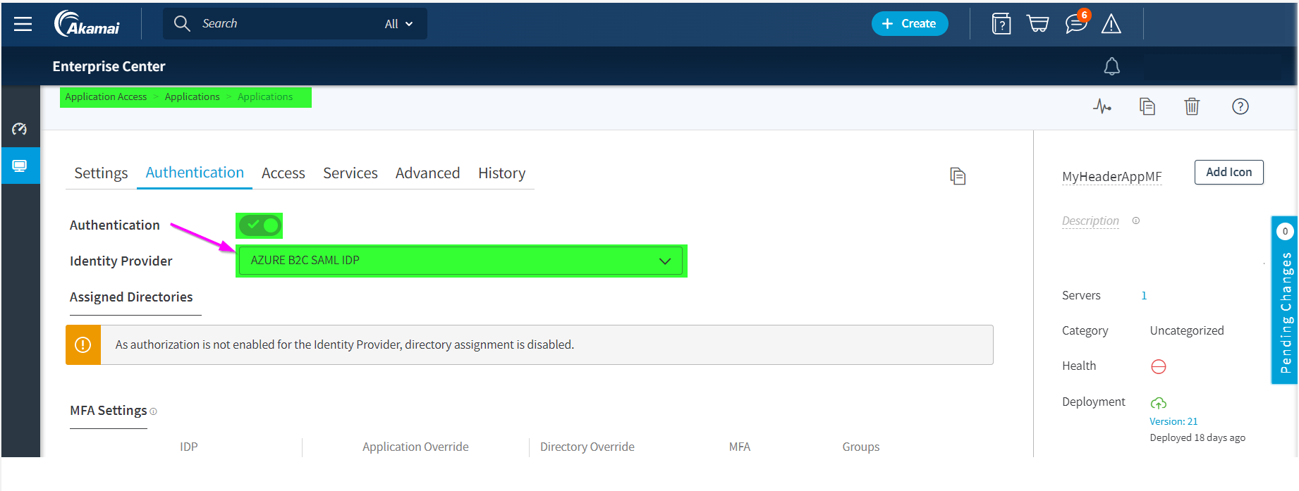 Screenshot shows the akamai authn application.