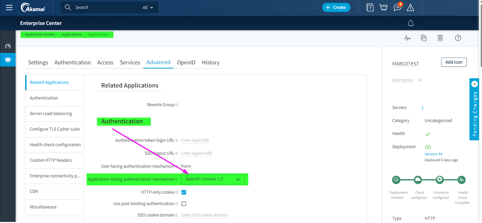 Screenshot shows the akamai oidc app authentication settings.