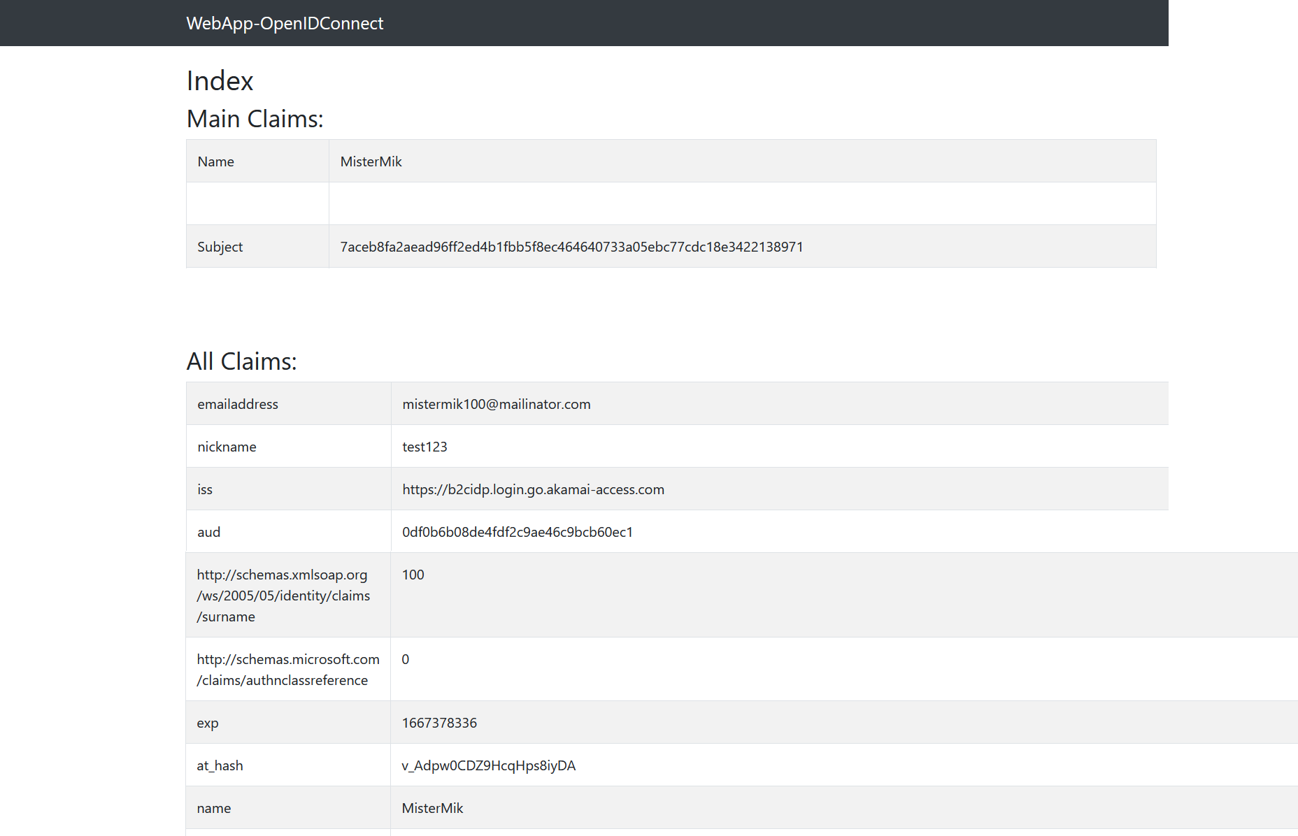 Screenshot shows the akamai oidc app results.