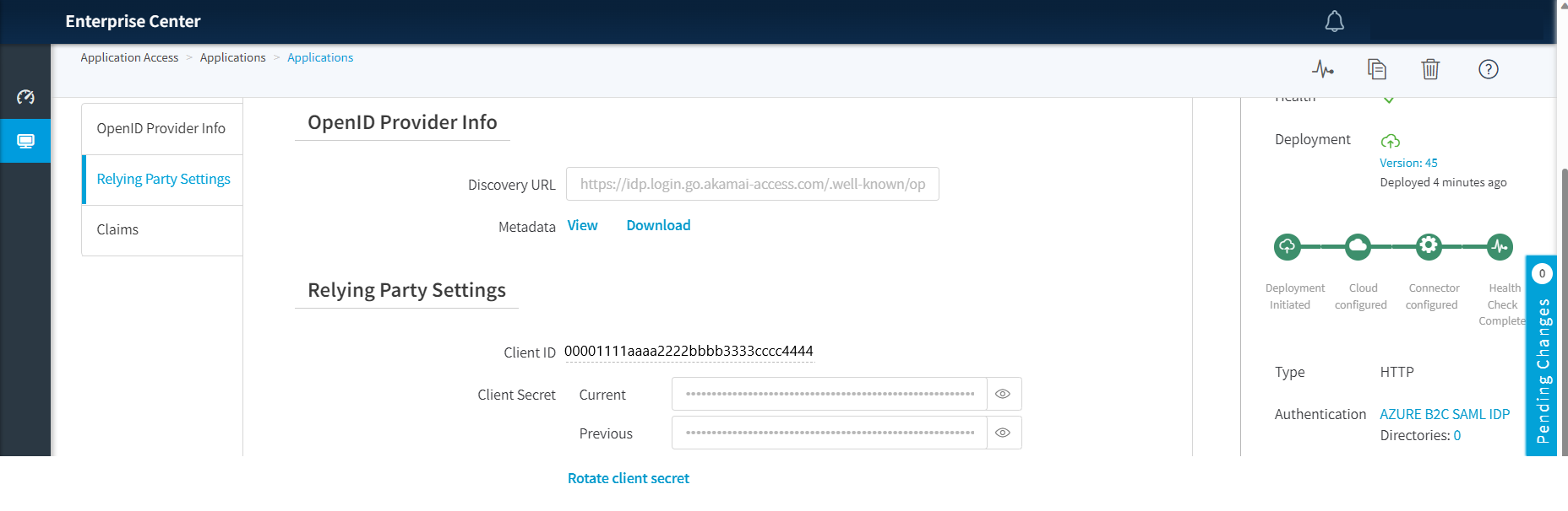 Screenshot shows the akamai oidc app settings.
