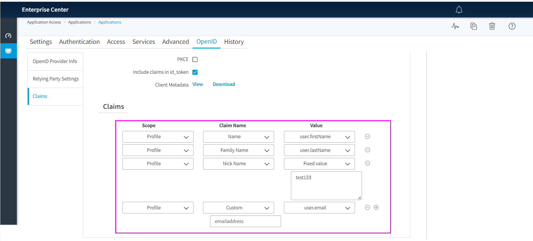 Screenshot shows the akamai oidc app claim settings.
