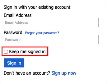 Beispiel für eine Seite zur Registrierung/Anmeldung mit dem Kontrollkästchen „Angemeldet bleiben“