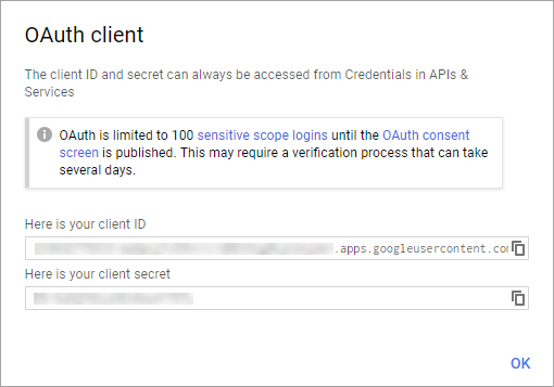 Screenshot that shows the OAuth client ID and client secret.