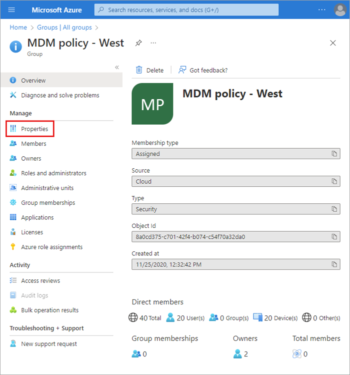 Screenshot: Übersichtsseite für „MDM policy – West“ (MDM-Richtlinie – Westen) mit Mitgliedsinformationen