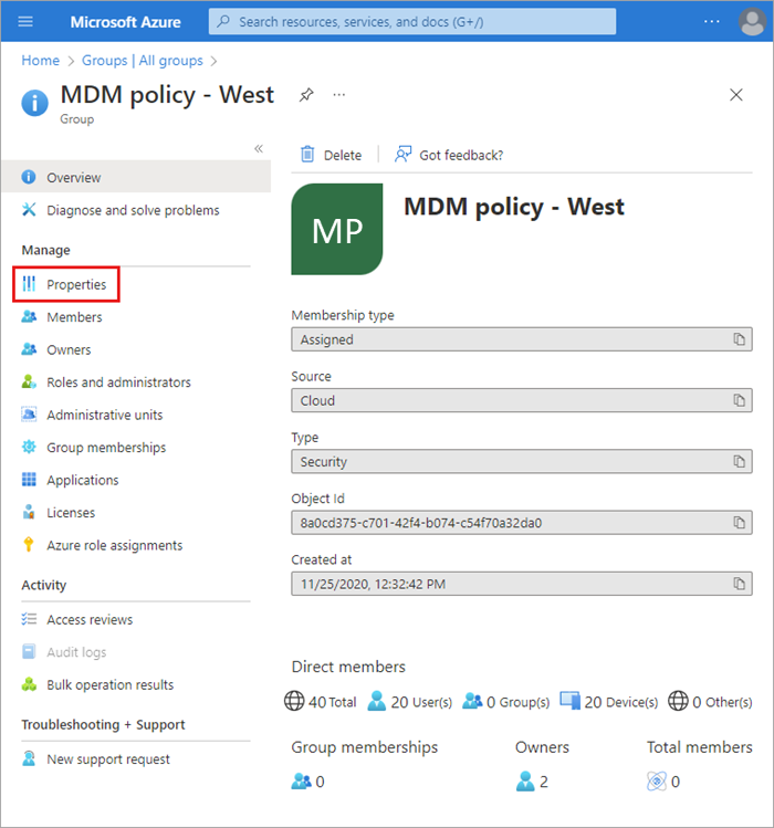 Screenshot of the Group overview page with Properties menu option highlighted.